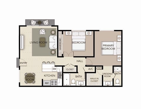 Floor plan for 2 beds, 2 baths, 965 sqft